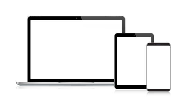 istock Laptop, Tablet, Smartphone, Mobile Phone In Black And Silver Color With Reflection, Realistic Vector Illustration 1193211694