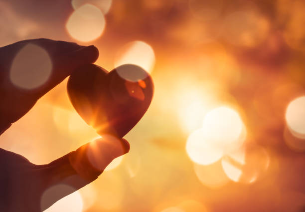 hand holding heart against sparkling golden bokeh lights. - liebe stock-fotos und bilder