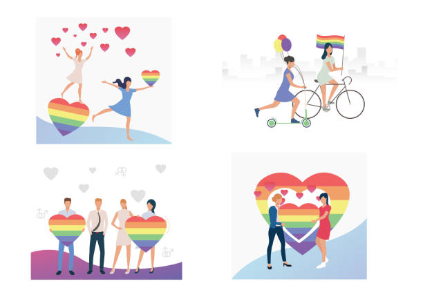 게이 프라이드 퍼레이드에 참여하는 사람들의 집합 - homosexual gay pride business rainbow stock illustrations