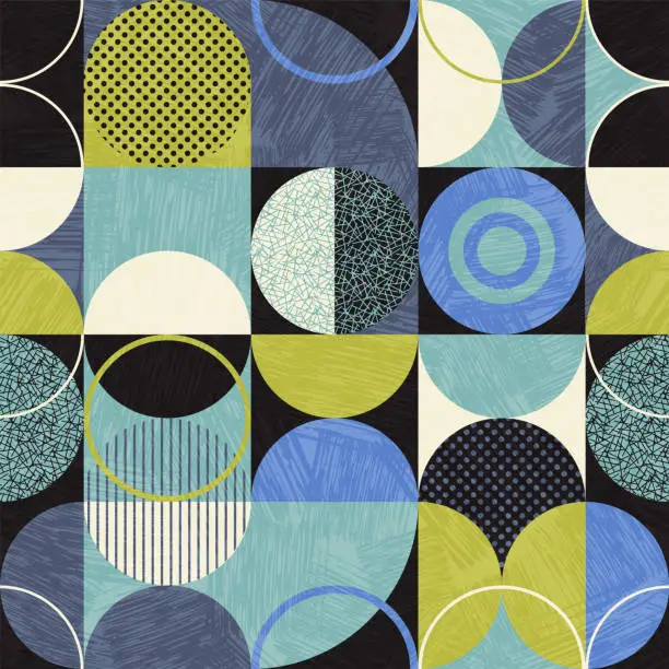 Vector illustration of Seamless abstract geometric modern pattern. Retro bauhaus design of circles, squares and textures.
