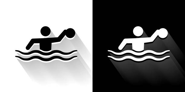 ilustrações, clipart, desenhos animados e ícones de ícone preto e branco do polo de água com sombra longa - water polo swimming symbol computer icon