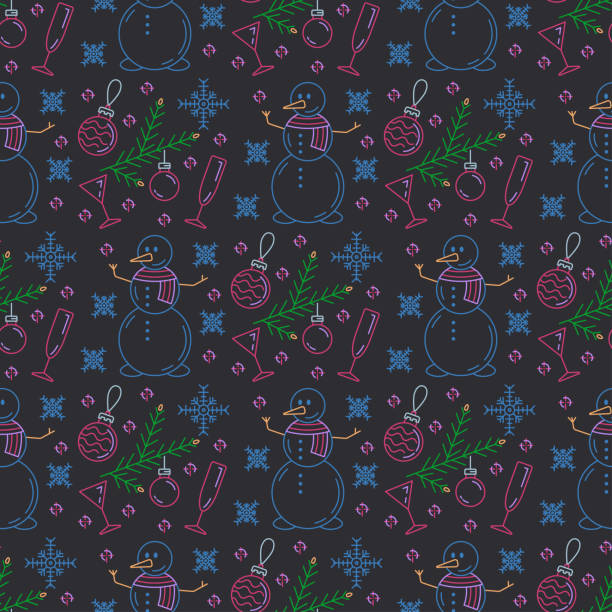 istock Merry Christmas Happy New Year 2019 season color seamless pattern. Vector retro linear illustration. Party celebration, winter holidays event, carnival element. Dark theme style decorations background 1193233880