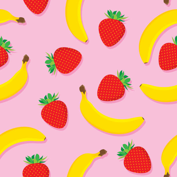 ilustraciones, imágenes clip art, dibujos animados e iconos de stock de fresa plátano patrón plano - backgrounds banana berry fruit blended drink