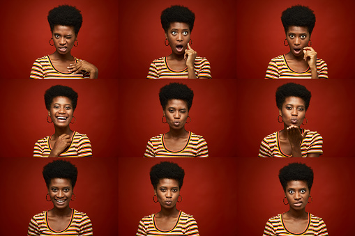 Beautiful woman making faces in a head shot multiple image.