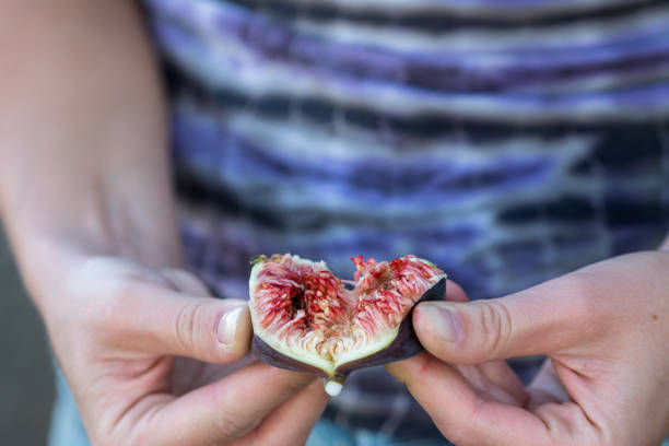 istock young women peeling open a red fig fruit. 1193237238