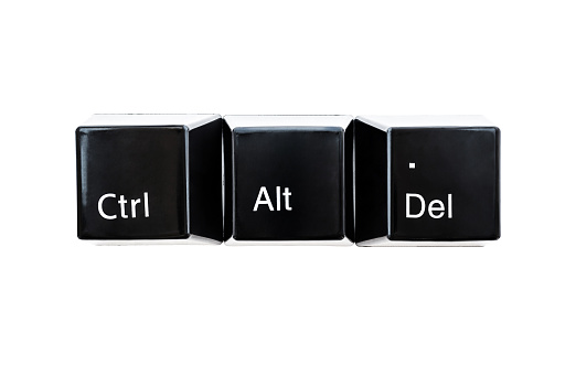 Botones de teclado de color negro Ctrl, Alt, Del primer plano aislado sobre fondo blanco. photo