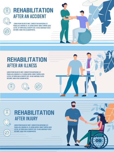 Disabled Injured People Rehabilitation Banner Set Rehabilitation after Accident, Injury, Illness. Advertising Header Banner Set. Flat Design. Physiotherapist Working with Disabled and Injured People. Recovery. Healthcare. Vector Cartoon Illustration physical therapy stock illustrations