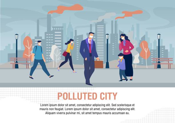 smutni ludzie w zanieczyszczonym mieście flat warning banner - factory pollution smoke cartoon stock illustrations
