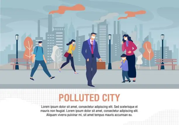 Vector illustration of Sad People in Polluted City Flat Warning Banner