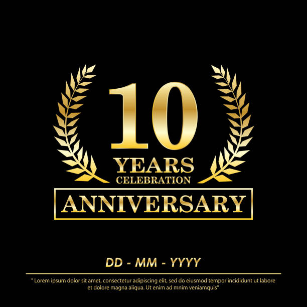 10th years anniversary celebration emblem. anniversary elegance golden awards logo isolated on black background, vector illustration template design for celebration greeting card and invitation 10th years anniversary celebration emblem. anniversary elegance golden awards logo isolated on black background, vector illustration template design for celebration greeting card and invitation 10th anniversary stock illustrations