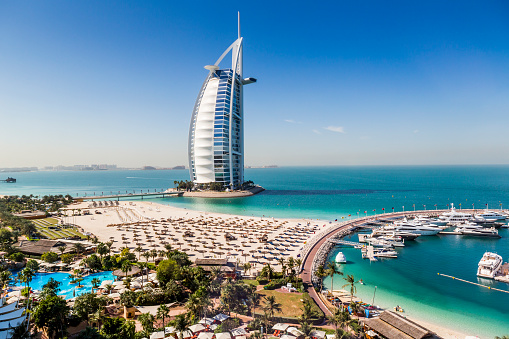 Marina and beach view fo the Burj Al Arab hotel in Dubai