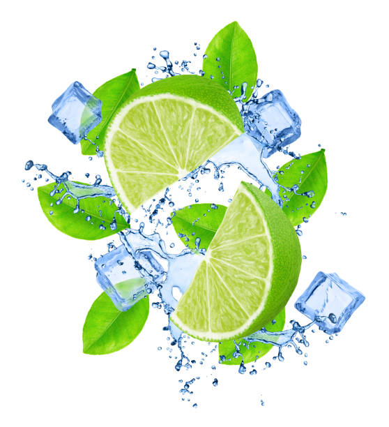 istock Cutted lime with ice cubes and leaves in water splashes isolated on white background. 1193241204