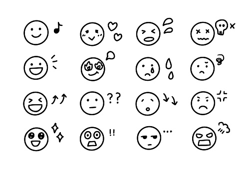 Handwritten facial expression and emotion icons.