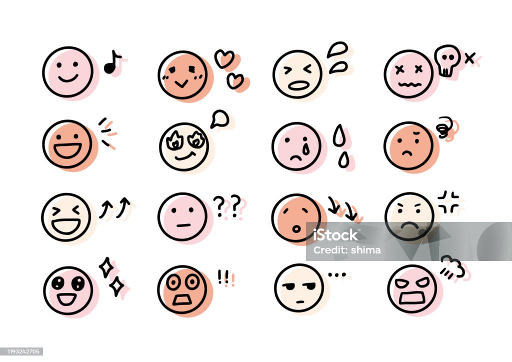 Handwritten facial expression and emotion icons. Anthropomorphic Smiley Face stock vector