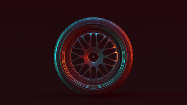 istock Silver Alloy Rim Wheel Complex Multi Star Spoke Pattern Open Wheel Design with Racing Tyre with Red Blue Moody 80s lighting 1193242945