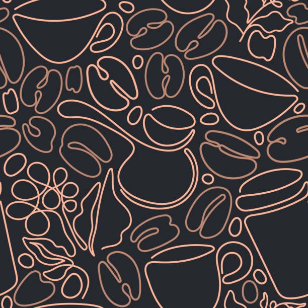 Coffee seamless pattern. Vector graphic background Coffee set. Abstract seamless pattern. Vector graphic nature branch, foliage, bean, grain, cup. Art single line hand drawn illustration on black background. Aroma drink, raw food. Retro vintage print coffee background stock illustrations