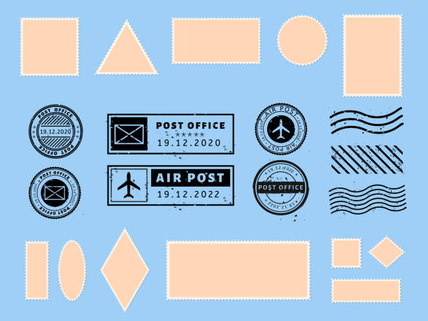 istock Postcard stamp. Paper postcards and air boarder stamp frames, passport visa international arrived stamps and philatelic postcards template vector illustration set. Blank postage stickers. Post marks 1193249816