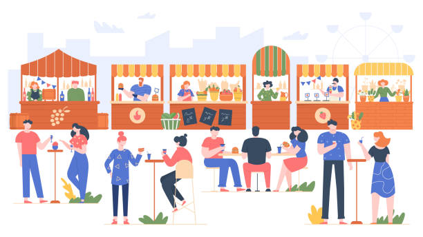 ilustrações de stock, clip art, desenhos animados e ícones de outdoor food fest. people in fast food cafe, visiting park with family and friends. characters eating in street cafe, friendly people outdoor recreate vector illustration. fruit and vegetable counters - recreate