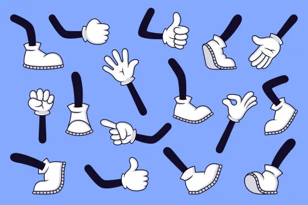 Vector illustration of Cartoon legs and hands. Comic character gloved arm and feet in boots, retro doodle arms with different gestures, running and walking legs vector isolated illustration set. Thumb up, okay sign