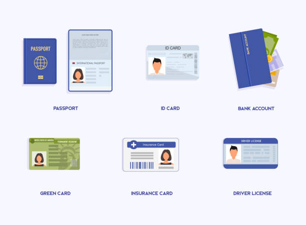 Set of Legal Documents.  ID cards, passport, student pass, migration certificate, legal contract illustration. Set of Legal Documents.  ID cards, passport, student pass, migration certificate, legal contract illustration. graphics card stock illustrations