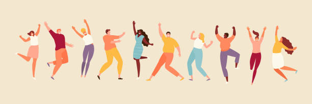 Jumping joyful people set Jumping and dancing happy people. Positive emotions set illustration business party stock illustrations