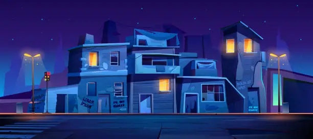 Vector illustration of Ghetto street at night, slum abandoned houses