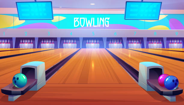 Bowling alleys with balls, pins and scoreboards Bowling alleys with balls, pins and scoreboard screens. Empty club interior with skittles on lane, place for entertainment, leisure and sport tournaments. Recreation hobby. Cartoon vector illustration bowling alley stock illustrations