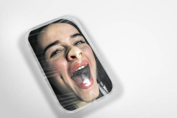 Human head as a goods in plastic box isolated on white background, ecology concept Happy. Human head as a goods in plastic box on white background, ecology concept. We're selling our organic future. Natural disaster, environmental problems, polymers pollution. Suffocating in garbage. woman strangles man stock pictures, royalty-free photos & images