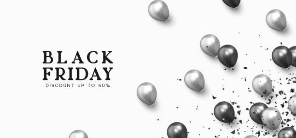 Black Friday Sale. Festive background with helium balloons. Backdrop falling realistic ballon black and silver color. Sale Discount Poster, web banner. vector illustration Black Friday Sale. Festive background with helium balloons. Backdrop falling realistic ballon black and silver color. Sale Discount Poster, web banner. vector illustration balck stock illustrations