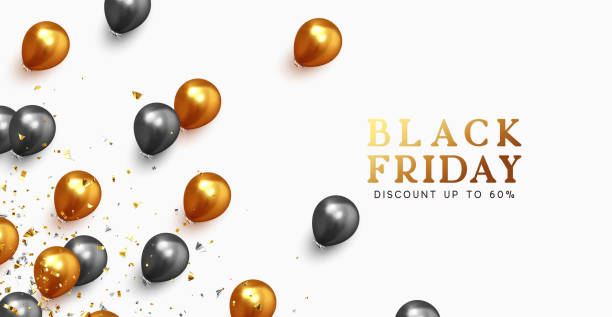 Black Friday Sale. Festive background with helium balloons. Backdrop falling realistic ballon black and golden color. Sale Discount Poster, web banner. vector illustration Black Friday Sale. Festive background with helium balloons. Backdrop falling realistic ballon black and golden color. Sale Discount Poster, web banner. vector illustration balck stock illustrations