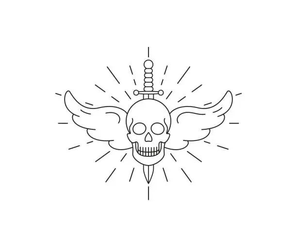 Vector illustration of Black and white illustration of a skull with wings and a dagger in the rays on a white background.