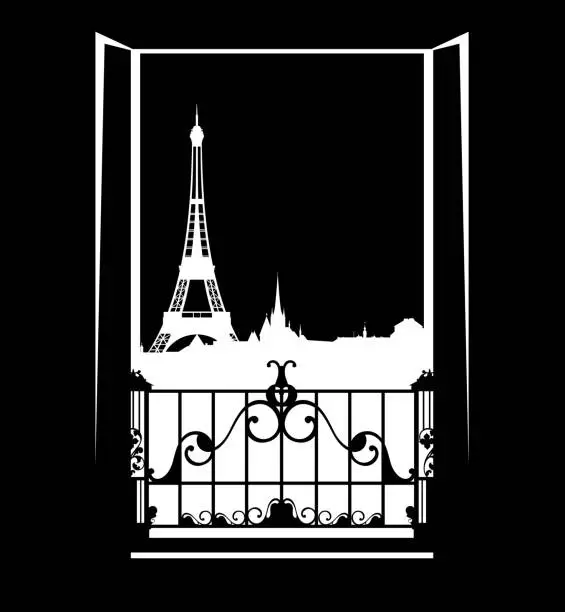 Vector illustration of window over Paris city night scene - copy space open balcony door black and white vector design