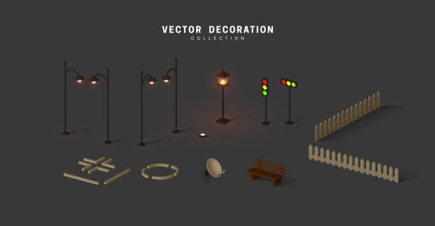 ilustrações de stock, clip art, desenhos animados e ícones de set of isometric objects, street lamps on poles shine, traffic lights, fence and bench vector illustration - street furniture traffic lighting equipment urban scene