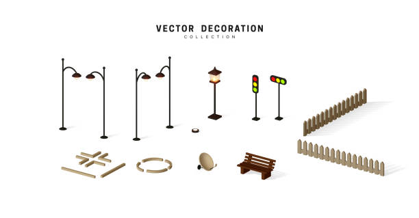 ilustrações de stock, clip art, desenhos animados e ícones de set of isometric objects, street lamps on poles shine, traffic lights, fence and bench vector illustration - street furniture traffic lighting equipment urban scene