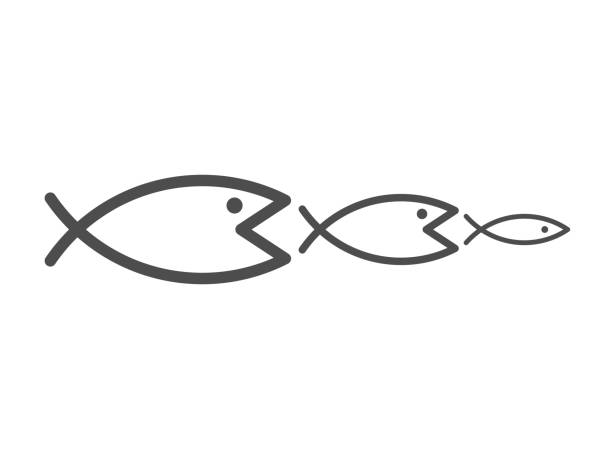 illustrazioni stock, clip art, cartoni animati e icone di tendenza di pesce più grande che mangia più piccolo - bite sized