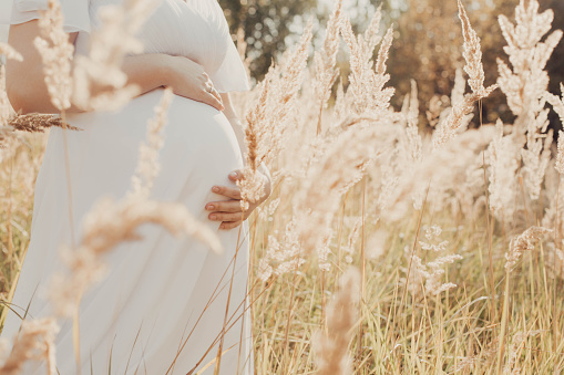 Pregnant woman relaxing in summer field. Maternity, positive parent, belly.