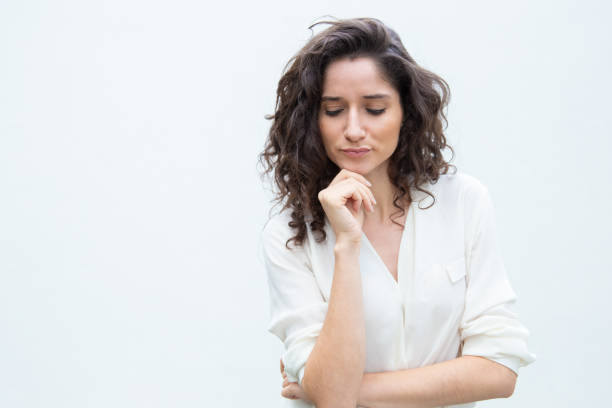 istock Thoughtful female customer leaning chin on hand 1193267498