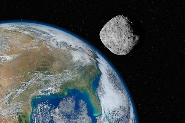 asteroide que se acerca al planeta tierra, elementos de esta imagen amueblada por la nasa - asteroide fotografías e imágenes de stock