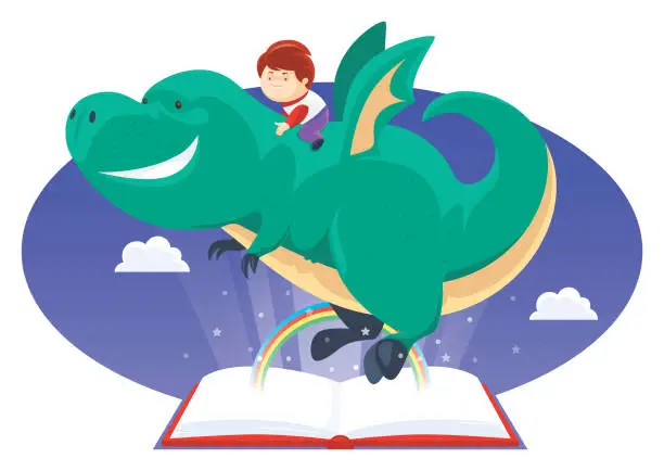 Vector illustration of boy riding on flying dragon