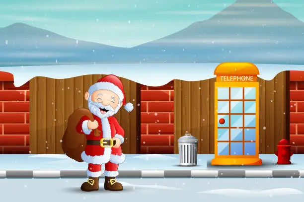 Vector illustration of Santa claus walking with bag on snowy road