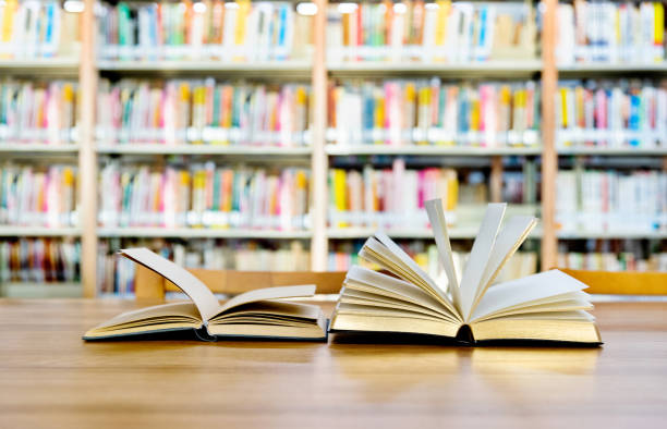 istock Two open book on the table of public library 1193271486