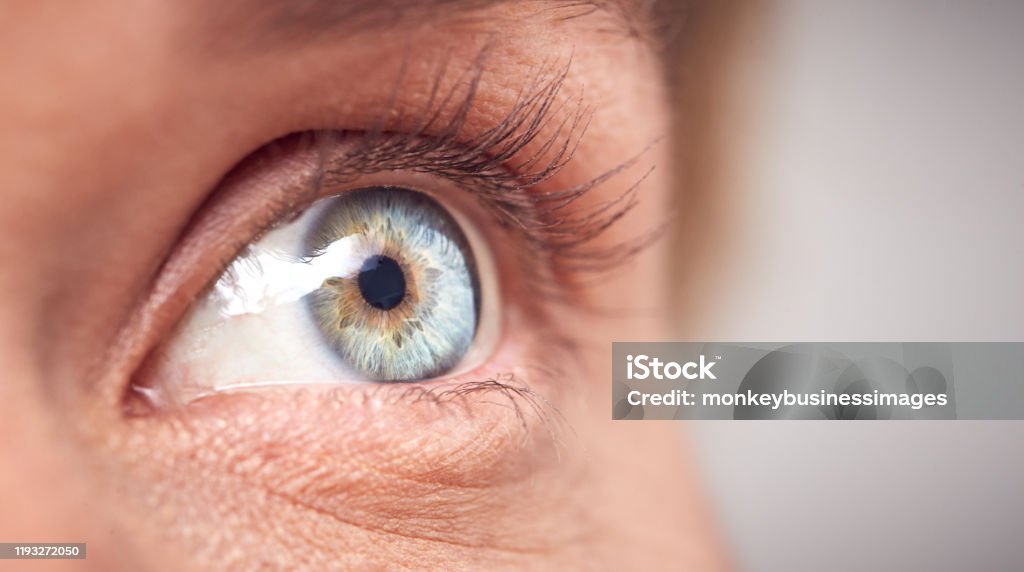Extreme Close Up Of Eye Of Woman Against White Studio Background Eye Stock Photo