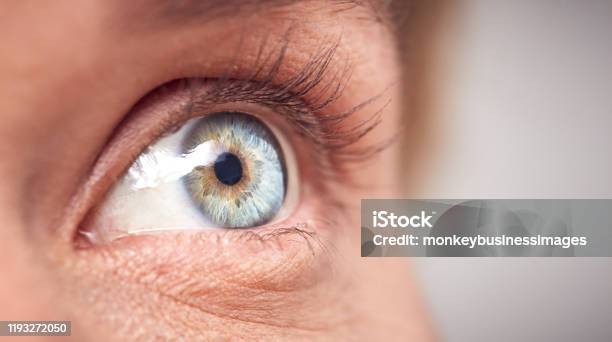 Extreme Close Up Of Eye Of Woman Against White Studio Background Stock Photo - Download Image Now