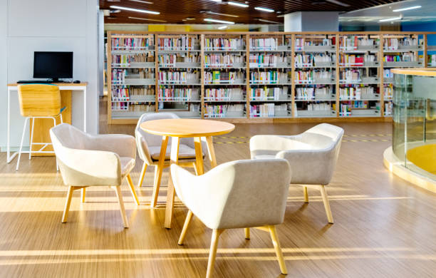 empty cffee tables in public library. - learning education chair circle imagens e fotografias de stock