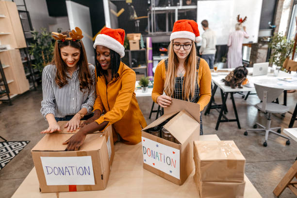 istock Multi-ethnic volunteers packing boxes for Christmas donation 1193275127