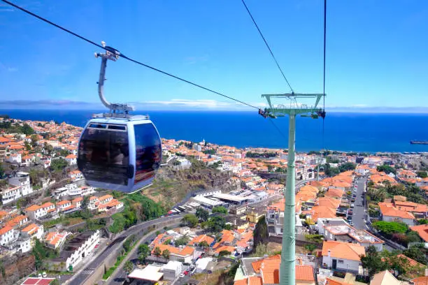 View from the cable car from the seaside to Monte in Funchal, Madeira Island Portugal with a lovely aerial view over the city and sea. Tourists take this way of transport for the views over the city and to visit the botanical gardens in Monte as well as the traditional toboggan ride down the hill.