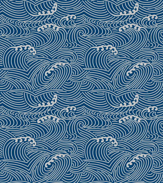 illustrations, cliparts, dessins animés et icônes de modèle sans couture d'onde de mer de tempête japonaise - retro revival old fashioned silk wallpaper pattern