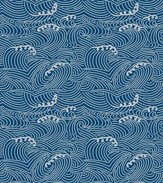 Vector illustration of Japanese storm sea wave seamless pattern