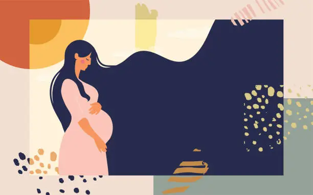 Vector illustration of Pregnant woman. Modern collage on an abstract background. Bright conceptual flat illustration about motherhood and pregnancy. Stock vector