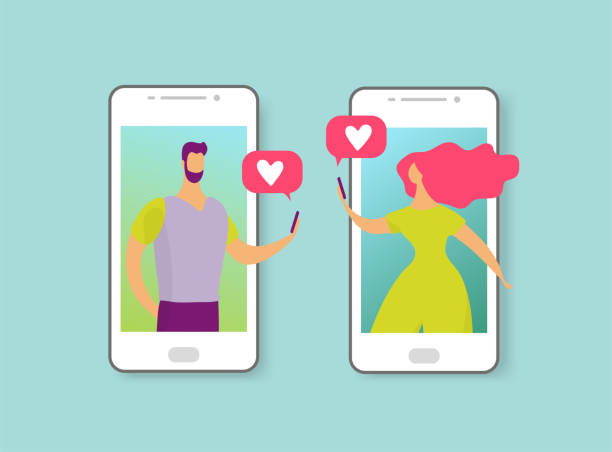 Man and woman write messages about love or date. Online dating concept. The characters on the phone screen fell in love. Flat cartoon vector illustration Man and woman write messages about love or date. Online dating concept. The characters on the phone screen fell in love. Flat cartoon vector illustration. internet dating stock illustrations